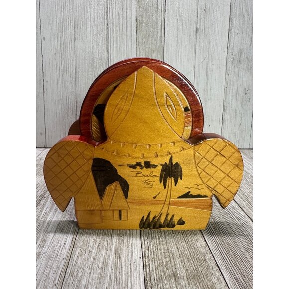 Vtg Bulu Fiji Wooden Coasters with Sea Turtle Holder Souvenir Decor SET - Picture 1 of 10